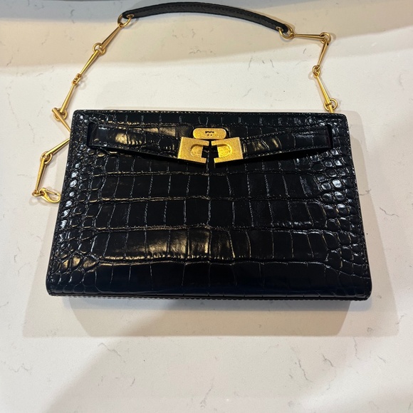Tory Burch Lee Radziwill Black Crocodile Pattern Clutch with Chain and Lock - Picture 1 of 9